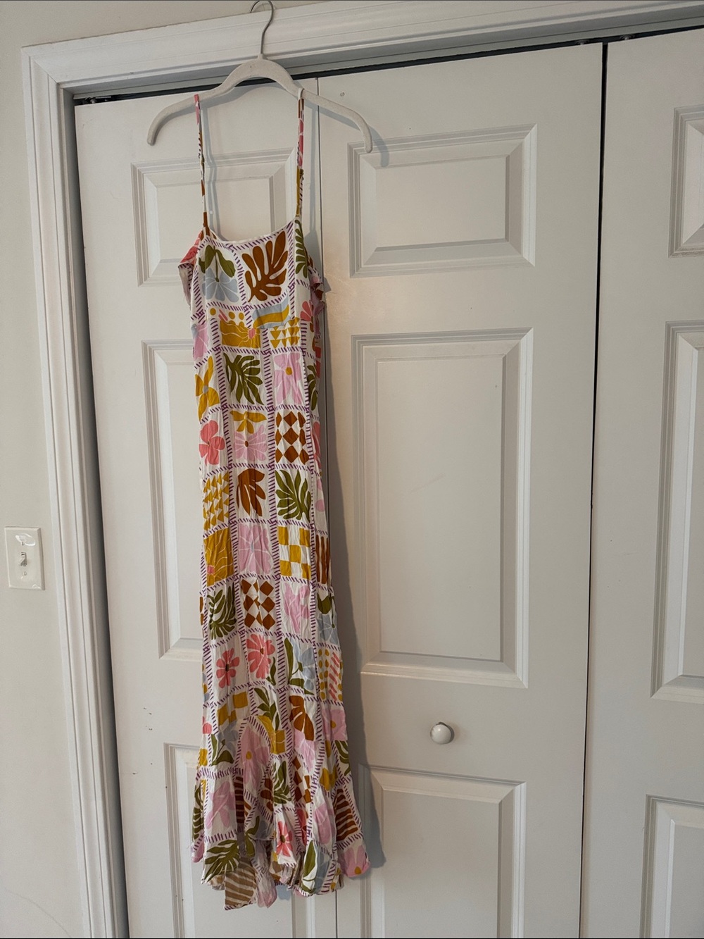 Floral Patchwork Maxi Dress with Ruffled Hem - Pink & Olive